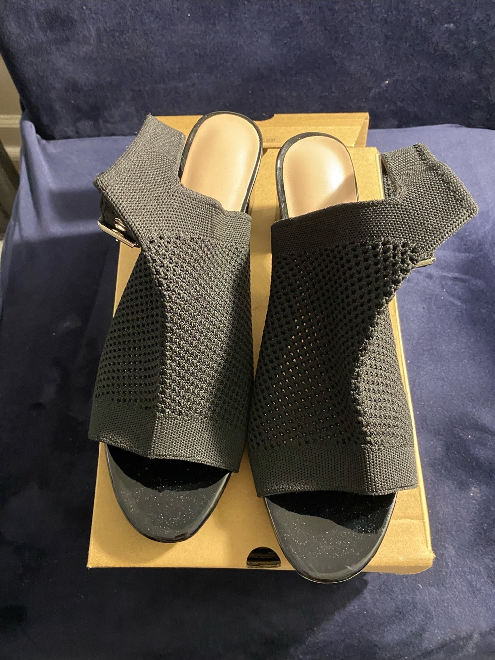 Woman’s Black Knit Peep-Toe Sandals - with ankle straps, size 9, 2.5” heels